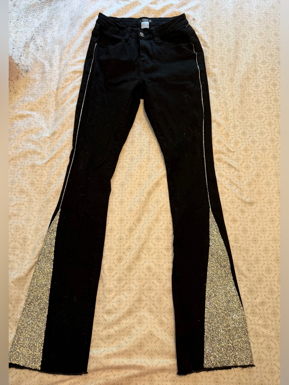 VENUS Black Flare Jeans with Silver Glitter Panels